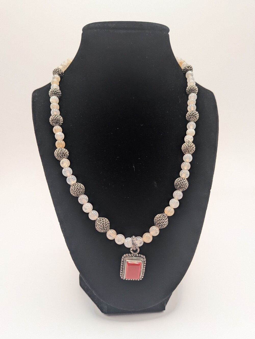 Handmade Silver And Stone Beaded Necklace with 925 Pendant